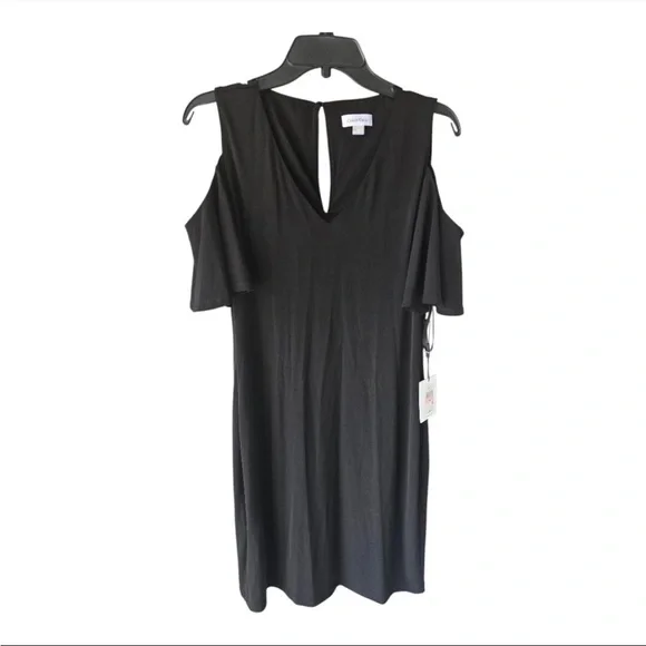 $99 Calvin Klein Black Dress 10 Women Shift Cold Shoulder Flutter Sleeve New - Picture 1 of 14